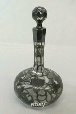 Antique 1900s Alvin Sterling Silver Overlay Grape Fern 9 Crystal Decanter