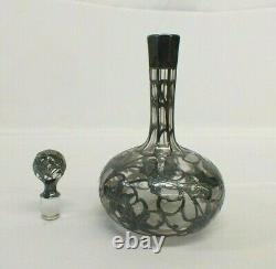 Antique 1900s Alvin Sterling Silver Overlay Grape Fern 9 Crystal Decanter