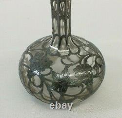 Antique 1900s Alvin Sterling Silver Overlay Grape Fern 9 Crystal Decanter