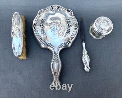 Antique 4 pc Alvin Sterling Silver Vanity Dresser Set Hand Mirror File Jar Brush