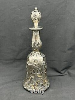 Antique Alvin Art Nouveau Sterling Silver Overlay Glass Decanter, 10.75 Tall