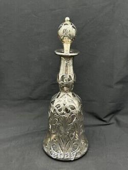 Antique Alvin Art Nouveau Sterling Silver Overlay Glass Decanter, 10.75 Tall