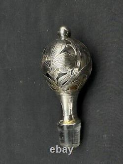 Antique Alvin Art Nouveau Sterling Silver Overlay Glass Decanter, 10.75 Tall
