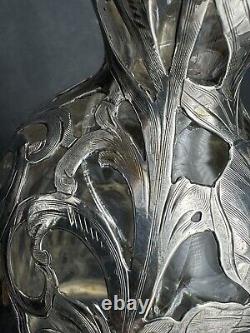 Antique Alvin Art Nouveau Sterling Silver Overlay Glass Decanter, 10.75 Tall