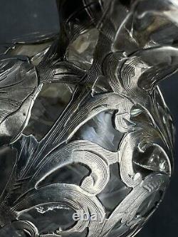 Antique Alvin Art Nouveau Sterling Silver Overlay Glass Decanter, 10.75 Tall