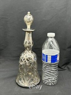 Antique Alvin Art Nouveau Sterling Silver Overlay Glass Decanter, 10.75 Tall