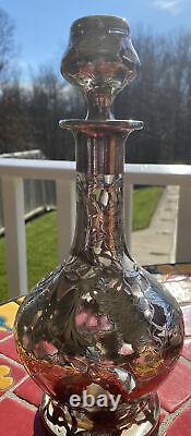 Antique Alvin Sterling Silver 999/1000 Overlay Crystal Decanter Grapes 11 Inch