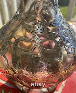 Antique Alvin Sterling Silver 999/1000 Overlay Crystal Decanter Grapes 11 Inch