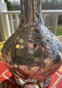 Antique Alvin Sterling Silver 999/1000 Overlay Crystal Decanter Grapes 11 Inch