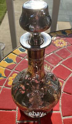 Antique Alvin Sterling Silver 999/1000 Overlay Crystal Decanter Grapes 11 Inch