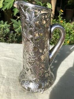 Antique Alvin Sterling Silver 999/1000 Overlay Crystal Decanter Pitcher Grapes