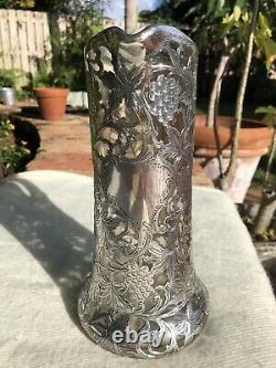 Antique Alvin Sterling Silver 999/1000 Overlay Crystal Decanter Pitcher Grapes