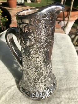 Antique Alvin Sterling Silver 999/1000 Overlay Crystal Decanter Pitcher Grapes