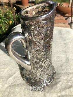 Antique Alvin Sterling Silver 999/1000 Overlay Crystal Decanter Pitcher Grapes