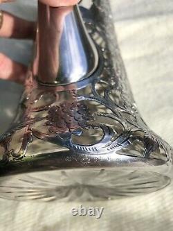 Antique Alvin Sterling Silver 999/1000 Overlay Crystal Decanter Pitcher Grapes