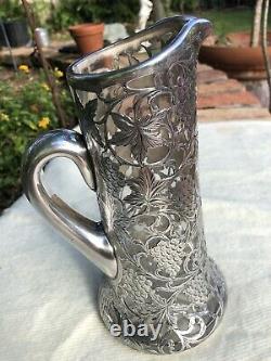 Antique Alvin Sterling Silver 999/1000 Overlay Crystal Decanter Pitcher Grapes