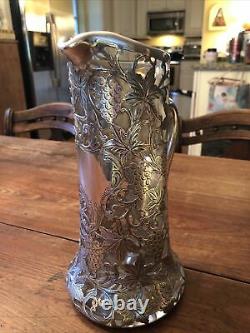 Antique Alvin Sterling Silver 999/1000 Overlay Crystal Decanter Pitcher Grapes