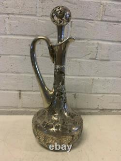 Antique Alvin Sterling Silver 999 Overlay Glass Decanter Pitcher Grape Vine Dec
