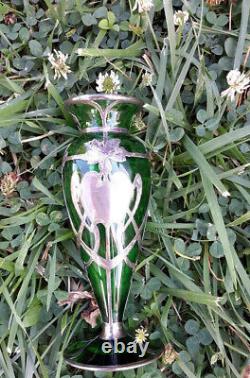 Antique Alvin Vase Art Nouveau American Green Glass Sterling Silver Overlay 6