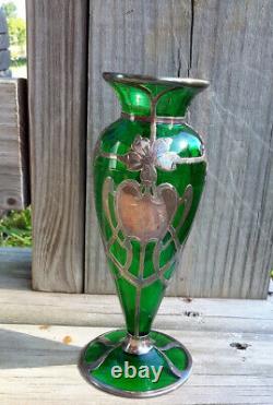 Antique Alvin Vase Art Nouveau American Green Glass Sterling Silver Overlay 6