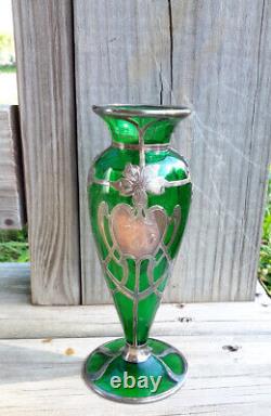 Antique Alvin Vase Art Nouveau American Green Glass Sterling Silver Overlay 6