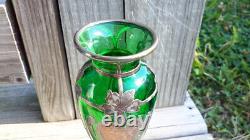 Antique Alvin Vase Art Nouveau American Green Glass Sterling Silver Overlay 6