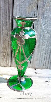 Antique Alvin Vase Art Nouveau American Green Glass Sterling Silver Overlay 6