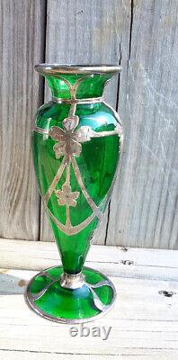 Antique Alvin Vase Art Nouveau American Green Glass Sterling Silver Overlay 6