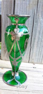 Antique Alvin Vase Art Nouveau American Green Glass Sterling Silver Overlay 6