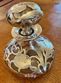Antique Art Nouveau Alvin Sterling Silver Overlay Clear Glass Perfume Bottle