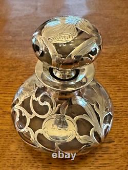 Antique Art Nouveau Alvin Sterling Silver Overlay Clear Glass Perfume Bottle