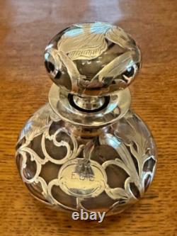 Antique Art Nouveau Alvin Sterling Silver Overlay Clear Glass Scent Bottle