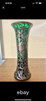 Antique Art Nouveau Alvin Sterling Silver Overlay Green Glass 14 Read