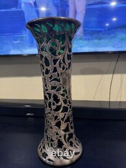 Antique Art Nouveau Alvin Sterling Silver Overlay Green Glass 14 Read