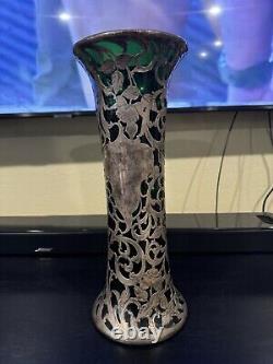 Antique Art Nouveau Alvin Sterling Silver Overlay Green Glass 14 Read
