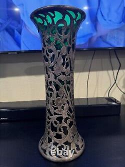 Antique Art Nouveau Alvin Sterling Silver Overlay Green Glass 14 Read