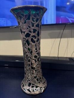 Antique Art Nouveau Alvin Sterling Silver Overlay Green Glass 14 Read