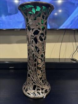 Antique Art Nouveau Alvin Sterling Silver Overlay Green Glass 14 Read