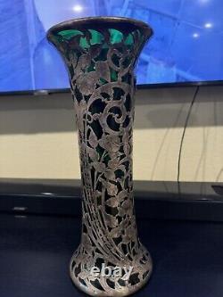 Antique Art Nouveau Alvin Sterling Silver Overlay Green Glass 14 Read