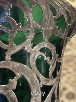Antique Art Nouveau Alvin Sterling Silver Overlay Green Glass 14 Read
