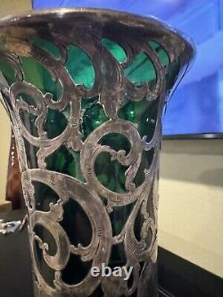 Antique Art Nouveau Alvin Sterling Silver Overlay Green Glass 14 Read