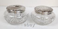 Antique Cut Crystal Dresser Jar & Hair Receiver with Alvin Sterling Silver Lids