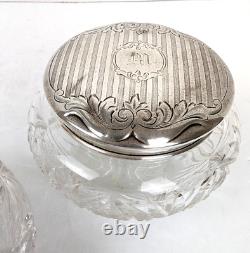 Antique Cut Crystal Dresser Jar & Hair Receiver with Alvin Sterling Silver Lids
