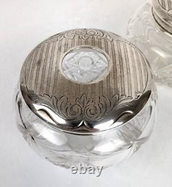 Antique Cut Crystal Dresser Jar & Hair Receiver with Alvin Sterling Silver Lids