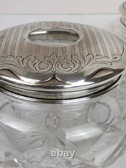 Antique Cut Crystal Dresser Jar & Hair Receiver with Alvin Sterling Silver Lids