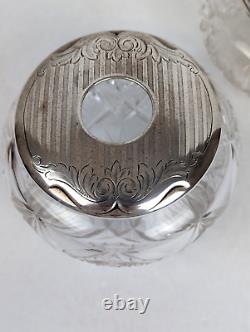 Antique Cut Crystal Dresser Jar & Hair Receiver with Alvin Sterling Silver Lids