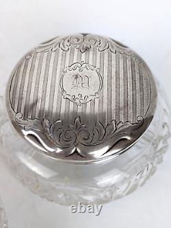 Antique Cut Crystal Dresser Jar & Hair Receiver with Alvin Sterling Silver Lids