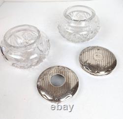 Antique Cut Crystal Dresser Jar & Hair Receiver with Alvin Sterling Silver Lids