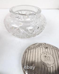 Antique Cut Crystal Dresser Jar & Hair Receiver with Alvin Sterling Silver Lids