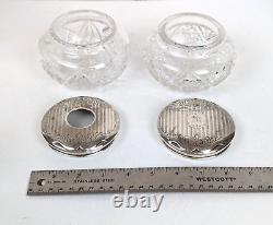 Antique Cut Crystal Dresser Jar & Hair Receiver with Alvin Sterling Silver Lids